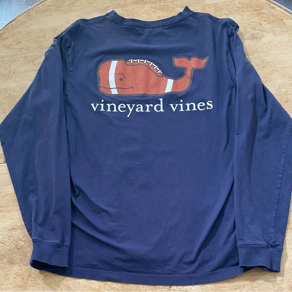 Vineyard Vines Adult‎ Small Navy Cotton Whale Football Graphic Long Sleeve Tee